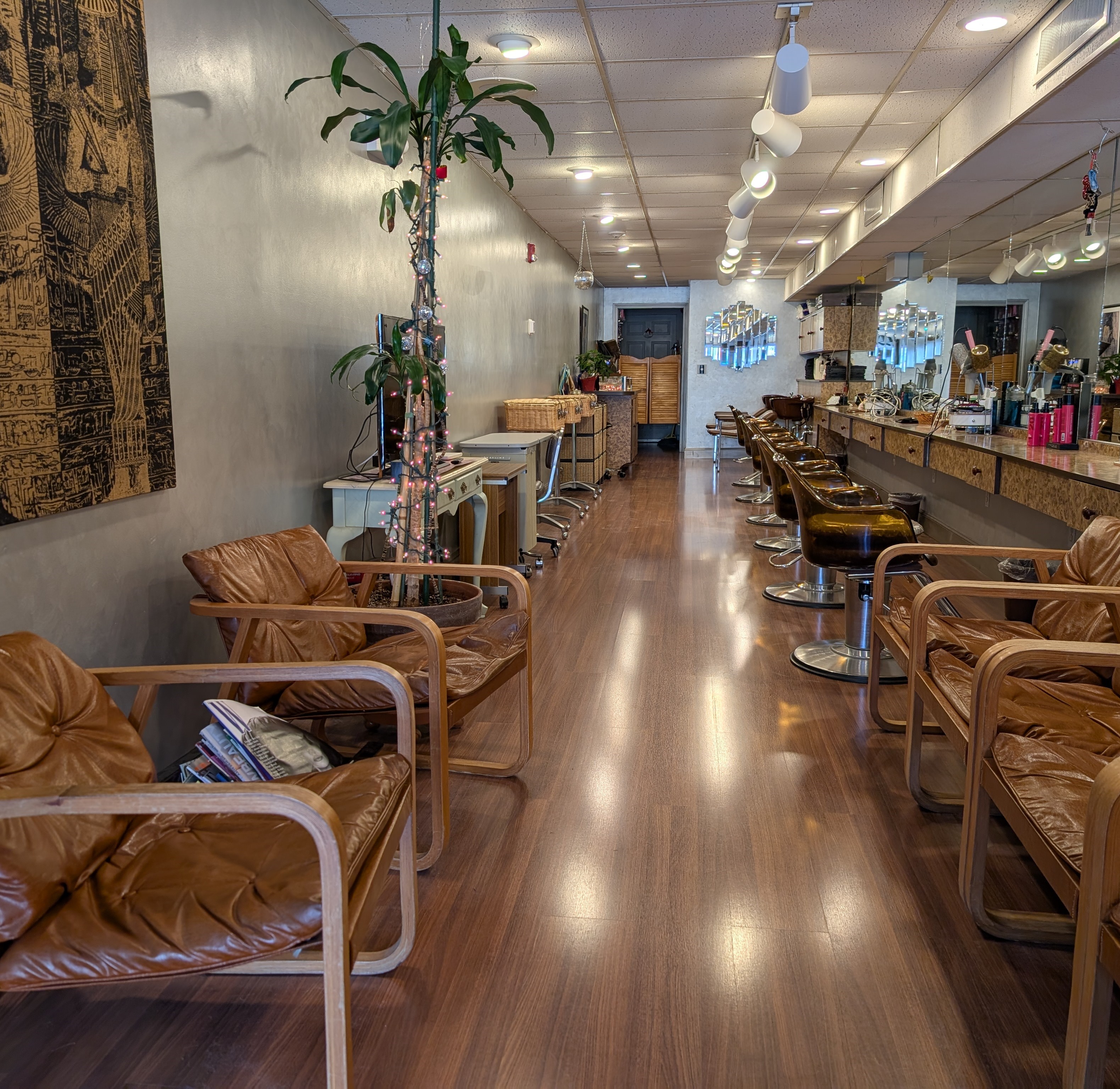 Inside Nefertiti Hair Salon, with styling chairs and mirrors